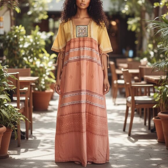 None Dresses & Skirts - EGYPT Kaftan Maxi Dress XL Nightgown Batik Embroidered Egyptian Loungewear